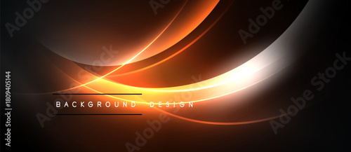 Dark background features flowing orange curves. Bright light emanates from central shapes, creating dynamic visual effect. Text reads background design.