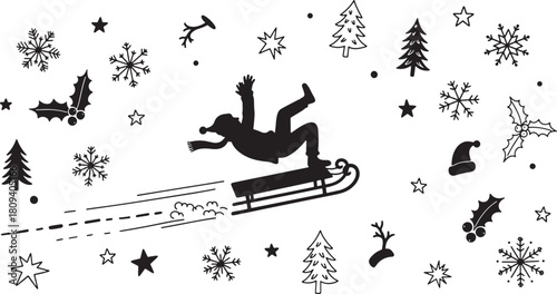 Christmas Season Sledding Fun Silhouette Illustration with Festive Elements