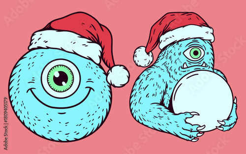 Cute Christmas Snow Monster Characters Set in Santa Hats - Holiday Sticker or Mascot Design