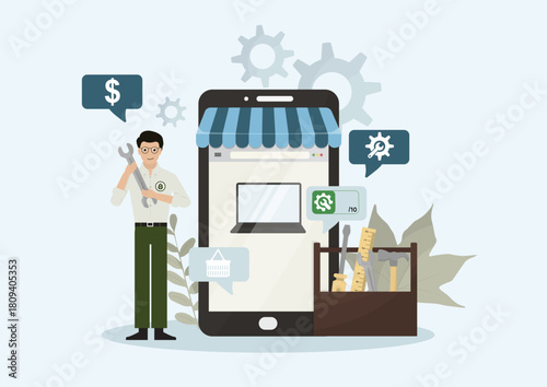 online repair assessment. with an expert, toolkit, mobile repair store, and chat icons, emphasizing repairability scoring, appliance maintenance, and e-commerce for spare parts. Vector illustration