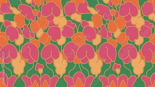 Vibrant seamless floral pattern with retro 70s vibes, perfect for fashion textiles or unique wallpaper, adding a touch of vintage charm