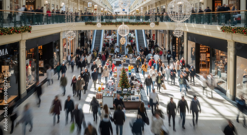 A wide shot of an overhead view from the top floor, looking down on people walking around in a shopping mall. The image has a motion blur effect. SALE, Black Friday, Holiday