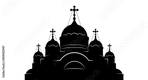 Black silhouette of an Orthodox church or cathedral with multiple domes and crosses against a white background, representing religious architecture.