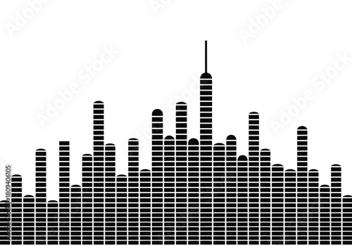 A black and white graphic representation of a cityscape with varying heights of rectangular bars.