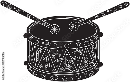 Festive Christmas drum with drumsticks black and white vector illustration