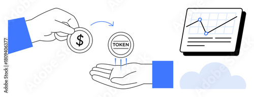 Hand exchanging dollar coin for token, upward graph on screen in cloud background. Ideal for finance, investment, trading, tokenization, blockchain, cryptocurrency, economy simple flat metaphor