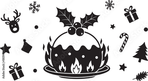 Festive Christmas Pudding Vector Graphic with Holiday Symbols Celebration