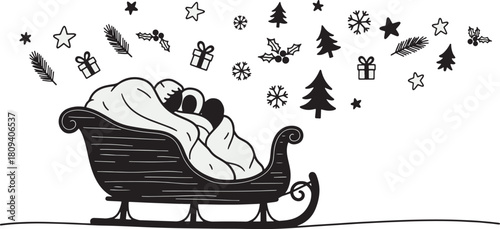 Festive Christmas scene with sleigh filled with people and winter icons