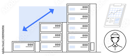 Data server stacks aligned in ascending order with upward arrow, clipboard analytics, and technician icon. Ideal for data management, growth, analysis, monitoring, IT solutions, business success