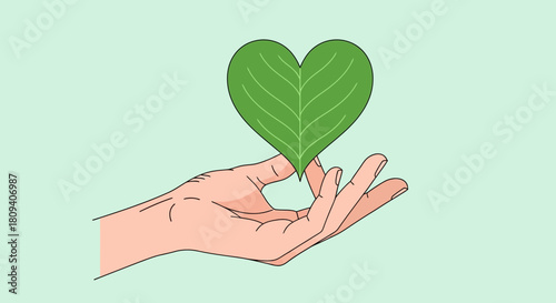 Hand Holding Heart-Shaped Green Leaf on Pastel Background Symbolizing Love and Care for Nature
