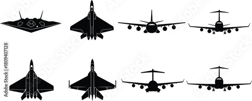 Vector silhouette collection of fighter jets, stealth aircraft, and private business jets, in front and top views, for aviation, military, and corporate travel concepts.
