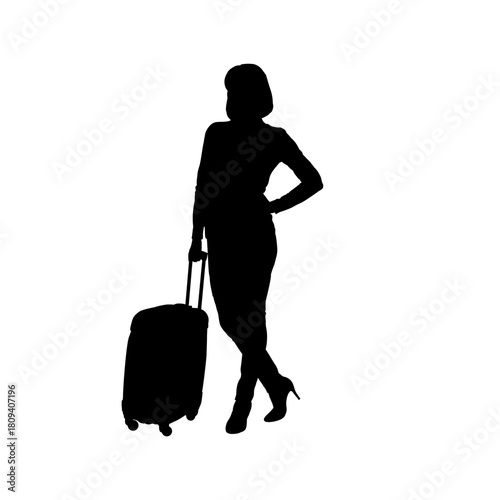 Woman standing with travel suitcase silhouette illustration
