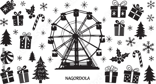 Festive winter holiday pattern with Ferris wheel and Christmas decorations