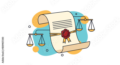 Legal document with a wax seal lies on the scales of justice representing law and legality.