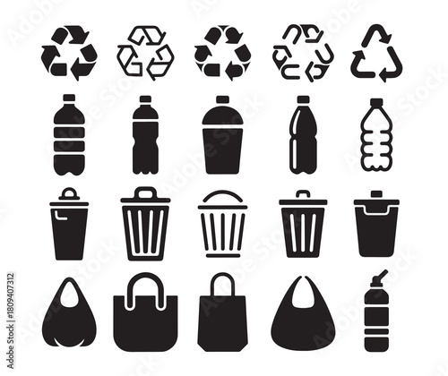 Recycling symbols plastic bottles trash cans and bags silhouette bundle