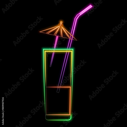 Cocktail bar glowing neon symbol in round frames on dark brick wall background. Bright caipirinha