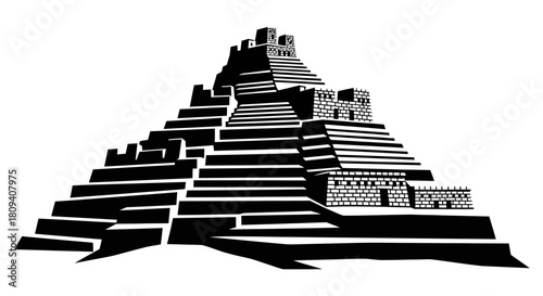 A detailed black and white graphic illustration of an ancient stepped pyramid with multiple tiers and intricate architectural details.