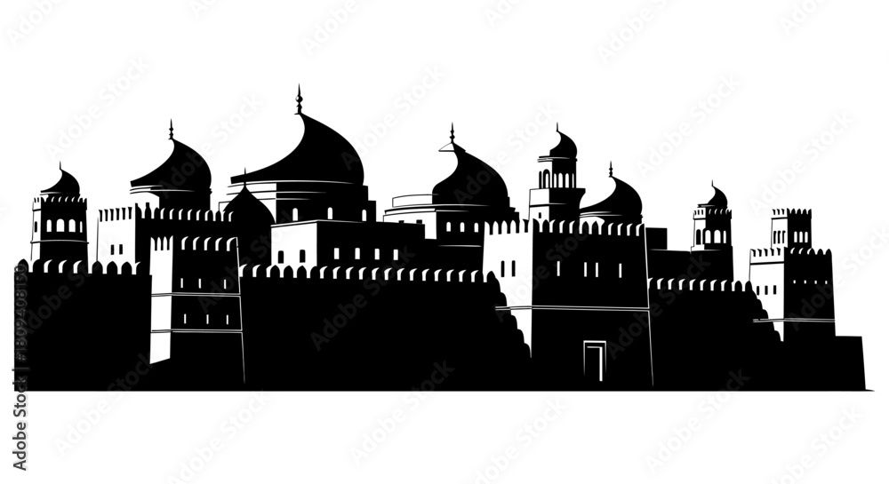 Fototapeta premium A detailed black silhouette of an ancient Middle Eastern city skyline with domes, minarets, and fortified walls, suggesting a historical or fantasy setting.