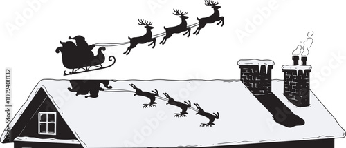 Santa Claus Sleigh Silhouette Flying Over Snowy Rooftop With Reindeer