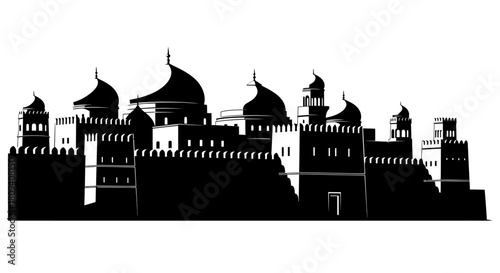 A detailed black silhouette of an ancient Middle Eastern city skyline with domes, minarets, and fortified walls, suggesting a historical or fantasy setting.