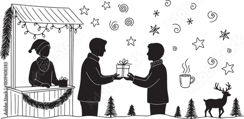 Winter holiday market with people exchanging gifts and christmas vibes