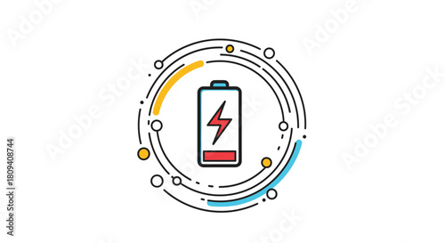 Icon of a battery with a lightning bolt is shown charging up within a circle of glowing lines.