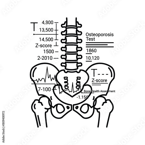 Osteoporosis test results displayed over a human spine and pelvis, illustrating bone density diagnosis