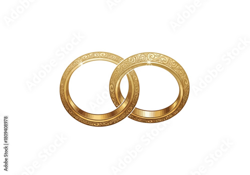 Two intricately engraved gold wedding rings interlocked on a white background, symbolizing union and commitment.