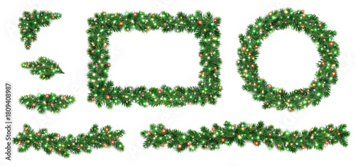 Christmas tree garland, wreath, and frame set with glowing colorful lights. Realistic pine branch decorations for festive design. Transparent background in vector file.