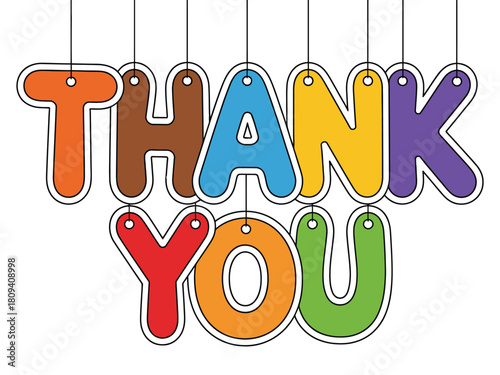 Colorful letters spell out "Thank You" hanging on strings against a white background.