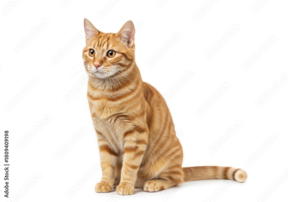 Fototapeta premium Orange tabby cat sitting and looking to the side, isolated on a clean white background