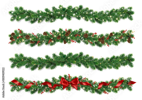 Christmas garlands with pine branches, glowing lights, cones, red ribbon, bow and holly berries. Realistic festive vector border. Transparent background in vector file.