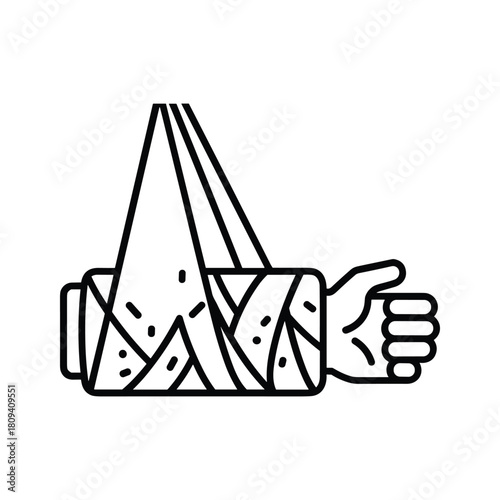 Injured arm with bandage and sling outline drawing, showing recovery and medical care, isolated on