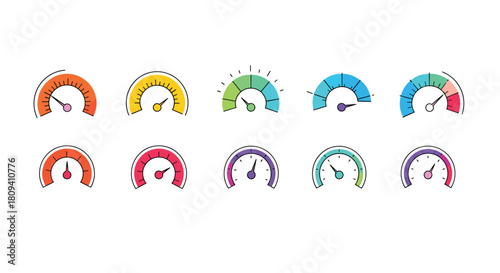 Colorful collection of speedometer or gauge dials shows a range of different measurement levels.