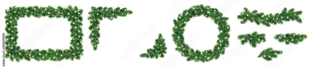 Obraz premium Christmas tree garland, wreath, and frame set with warm white and yellow lights. Realistic glowing pine branch decorations. Transparent background in vector file.
