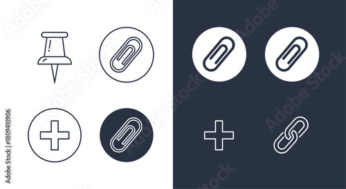 Collection of four icon sets with paper clips pins and links for office and web design.