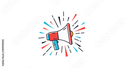 An image showing a hand holding megaphone with colorful splash, speech bubble for text.