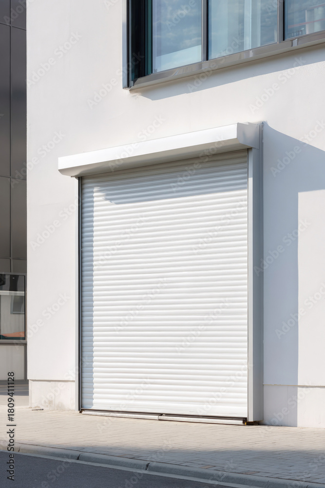 Fototapeta premium Closed industrial white roller shutter door of modern warehouse exterior.