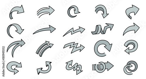 Collection of sketch gray doodle arrow pointers.