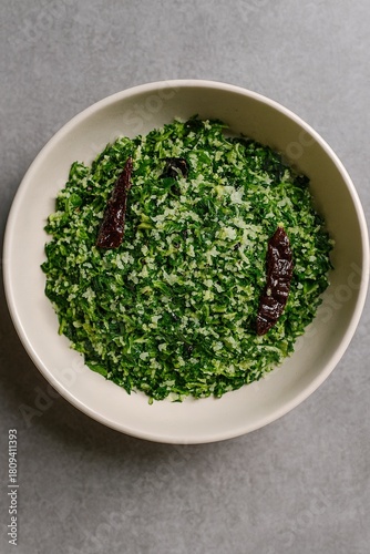 Keerai Poriyal Tamil Nadu sautéed spinach with coconut and chilies in soft natural daylight styling