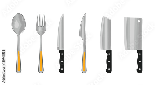 Various illustrations of restaurant flatware and knives.