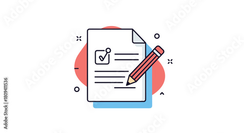 Vector icon with checked approved document with pencil.