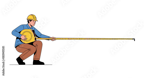 A Construction Worker Measuring with an Extended Tape Measure