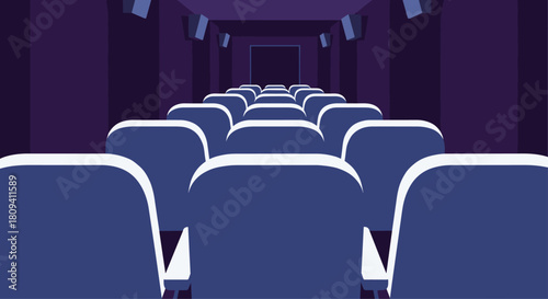 Empty movie theater illustration with blue seats facing a big screen.