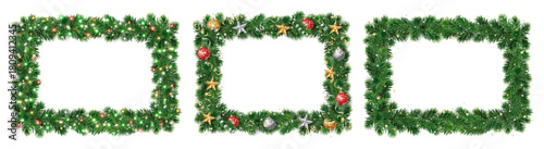 Christmas tree garland horizontal frames with colorful glowing lights and ornaments. Realistic festive square decorations. Transparent background in vector file.