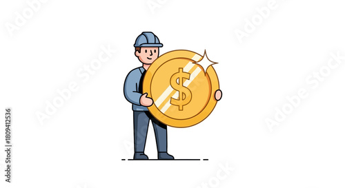 Worker holding a large golden dollar coin, representing finance, business, and earnings