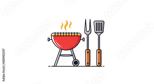 Simple and classic barbecue grill with cooking utensils for an outdoor summer picnic or party.