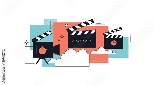 Colorful and abstract collage of various movie production and filmmaking equipment icons.