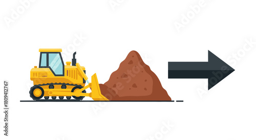 An illustrative depiction of a robust yellow bulldozer engaged in the process of moving a large mound of brown earth, symbolizing construction, groundwork, or heavy machinery operations