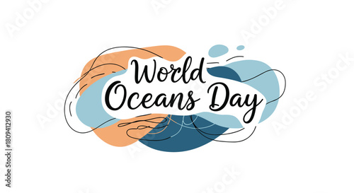 Creative and abstract "World Oceans Day" lettering design with colorful fluid shapes and waves.
